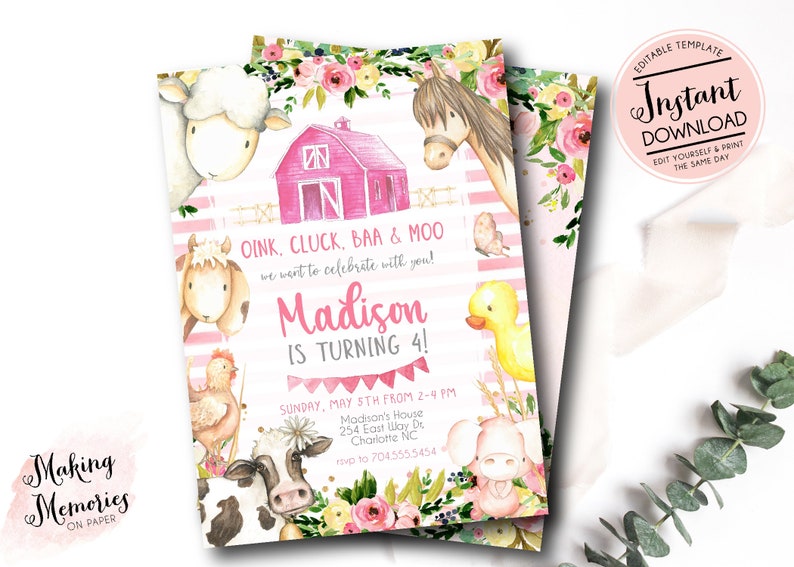 Puede incluir: Una invitaci&oacute;n de cumplea&ntilde;os con tem&aacute;tica de granja con ilustraciones de acuarela de animales de granja, un granero rosa y detalles florales. La invitaci&oacute;n dice "&iexcl;Madison cumple 4 a&ntilde;os!" e incluye los detalles del evento.