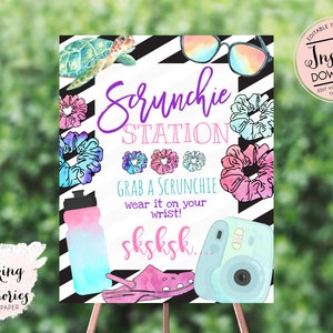 VSCO Scrunchie Station Sign, VSCO girl birthday Party, VSCO Girl Party Sign, 90&#39;s girl, vsco Scrunchie sign, Tween, Editable instant