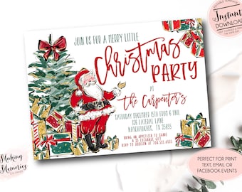 May include: A Christmas party invitation with a festive design. The invitation features a hand-drawn illustration of Santa Claus, a Christmas tree, and wrapped gifts. The text reads "Christmas Party" in red script.