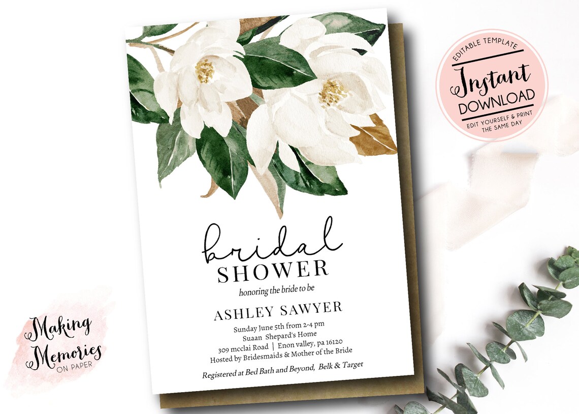 Magnolia Bridal Shower Invitation Magnolias and Cotton Etsy