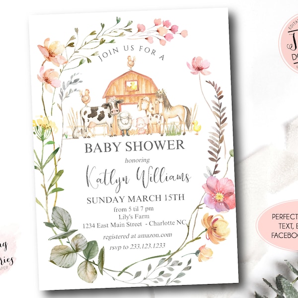 Wildflower Farm Baby Shower invitation, girl farm baby shower invite, wildflower baby shower invitation, EditableTemplate Instant Download