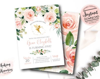 Fairy birthday invitation, fairy invitation, fairy birthday party invitation, fairy garden, INSTANT download edit yourself, blush, et3