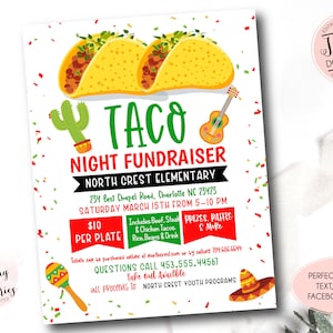Taco Dinner Flyer, bearbeitbare mexikanische Nacht-Spendenaktion einladen, pto pta Church School Charity-Spendenaktion, Taco-Abendessen-Karte, Taco-Spendenaktion