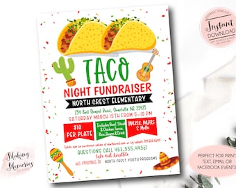 Op de afbeelding: Een printbare flyer voor een Taco Night-fondsenwerver op North Crest Elementary School. De flyer toont een cartoonafbeelding van taco's, een maraca en een gitaar. Het evenement is op zaterdag 15 maart van 17:00 tot 22:00 uur en omvat rundvlees en kippentaco's, rijst, bonen en een drankje. Tickets kosten € 10 per bord. De flyer bevat ook contactgegevens voor vragen en vermeldt dat alle opbrengsten naar North Crest Youth Programs gaan.