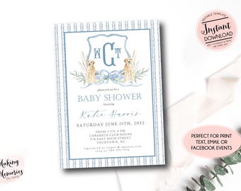 May include: Blue and white striped baby shower invitation with a watercolor illustration of two golden retrievers and a monogram. The text reads "Please join us for a baby shower honoring Katie Harris, Saturday June 15th, 2022, from 2 til 4 pm, Cabarrus Club House, 576 East Main Street, Yourtown, NC. RSVP to 704.155.1556"