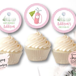May include: Three pink and white gingham cupcake toppers with a golf theme. The toppers feature a golf ball on a tee, a golf bag with clubs, and the text "Addison's First Par-Tee".