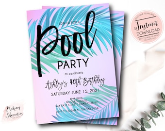 Pool Party Invitation, Adult Pool Party Invitation, Kids Pool Birthday Invite, Summer Birthday, Pool Invite, INSTANT download, Template