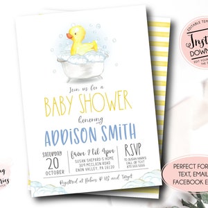 Duck Baby Shower Invitation, Rubber Duckie  Baby shower invite,  farm invitation, , Edit yourself Instant Download
