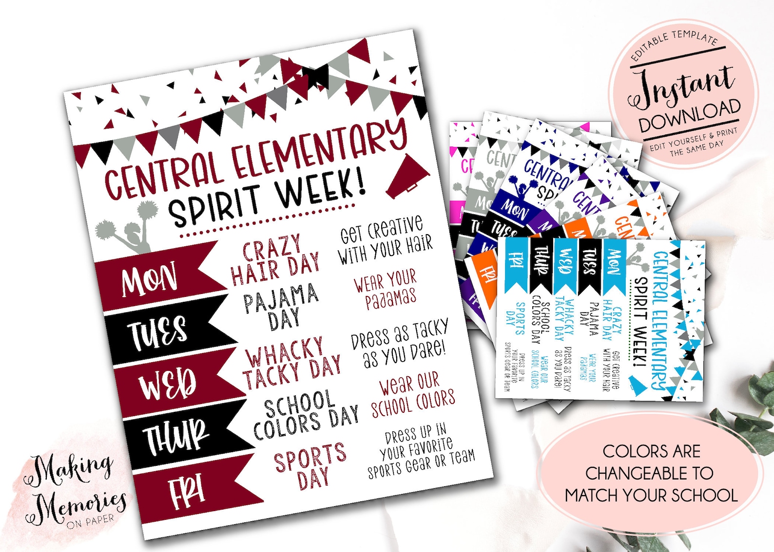 Spirit Week Template Spirit Week Schedule School Spirit Week - Etsy