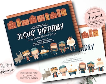 May include: Christmas-themed invitation with the text "Jesus' Birthday" in white script on a navy blue background. The design includes illustrations of the nativity scene and a row of buildings. The invitation is perfect for print, text, email, or Facebook events.