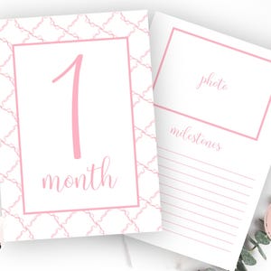 Cartes d'étape mensuelles fille, cartes d'étape mensuelles bébé fille vichy aquarelle écusson, cartes d'étape importante avec noeud rose, téléchargement immédiat preppy