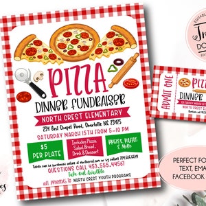 Pizza Dinner Flyer, bearbeitbare Pizza-Spendenzen-Einladung, pto pta Church School Charity-Spendenaktion, Pizza-Abendessen-Karte, Pizza-Benefit