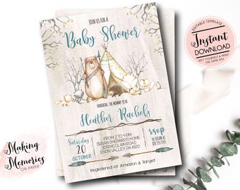 boy woodland Baby Shower Invitation, woodland Invitation, bear, Boho Teepee Editable invite template, animals fox, rabbit, deer, Template