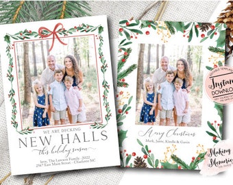 May include: Two Christmas cards with family photos. One card reads "We are decking NEW HALLS this holiday season" with family details. The other says "Merry Christmas" with names. Both cards feature watercolor holly and berry borders.