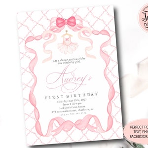 Printable Ballerina Birthday Invitation, TuTu cute birthday invitation, Editable Ballet Dancer Birthday, Preppy bow Birthday Invite