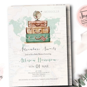Inbjudan till babyshower för resor, äventyr för pojke väntar, brudduschinbjudan, reslustbagage, smekmånadsdusch, redigerbar direktnedladdning