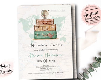 Travel baby shower invitation, boy Adventure Awaits Bridal shower invite, Wanderlust Luggage, Honeymoon shower,   Editable Instant Download