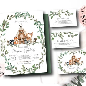 Woodland Baby Shower Einladung, Greenery Woodland Baby Shower Einladung, Baby Boy Shower, rustikale Baby Shower Edit yourself instant download