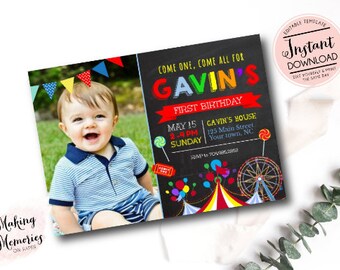 Carnival Birthday Printable Invitation, Circus Invitation, Circus Invite, Birthday Circus, Candy, Chalkboard, Carnival instant editable