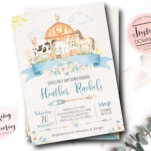 Farm Baby Shower Invitation, farm invitation, boy farm invite, baby animals baby shower invite, Edit yourself Template Instant Download