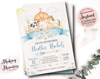 May include: A blue and white baby shower invitation with a watercolor illustration of a farmhouse and farm animals. The text reads "Join us for a baby shower honoring Heather Rachels, Saturday, August 20, From 2 to 4 PM, Susan Sherards Home, 309 McClain Road, Enon Valley, PA 1620, RSVP to Susan at 800-555-5555, Registered at Amazon & Target".