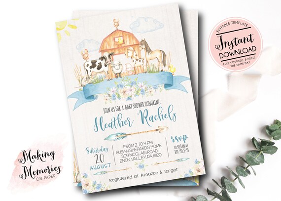 Farm Baby Shower Invitation, farm invitation, boy farm invite, baby animals baby shower invite, Edit yourself Template Instant Download