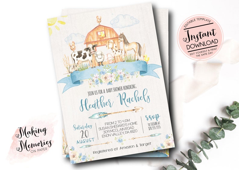 May include: A blue and white baby shower invitation with a watercolor illustration of a farmhouse and farm animals. The text reads "Join us for a baby shower honoring Heather Rachels, Saturday, August 20, From 2 to 4 PM, Susan Sherards Home, 309 McClain Road, Enon Valley, PA 1620, RSVP to Susan at 800-555-5555, Registered at Amazon & Target".