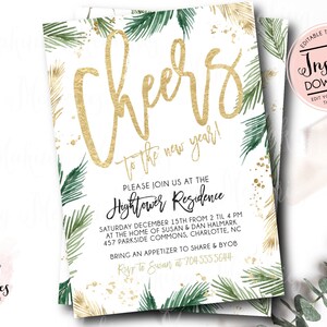 May include: A white invitation card featuring gold foil text that reads Cheers to the new year! and green palm leaf illustrations. The card includes details for a party at the Hightower Residence on Saturday December 15th from 2 til 4 PM.