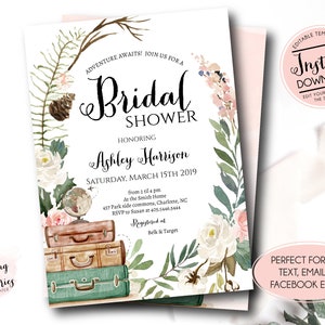 Travel shower invitation, Adventure Awaits Bridal shower invite, Wanderlust Luggage, Honeymoon shower,   Editable Instant Download et3