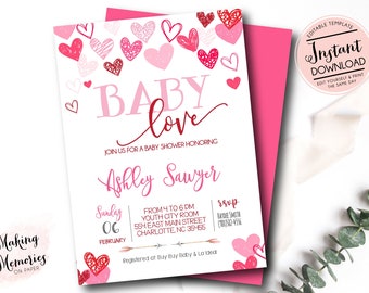 Baby Love, Valentines Baby Shower invitation, Hearts Baby shower, Valentine Shower Invitation, Valentine Day Invitation, Edit yourself