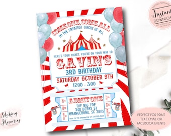 Carnival Birthday Invitation, Carnival ticket Birthday Invitation, Edit yourself instant download circus invite, Circus first birthday