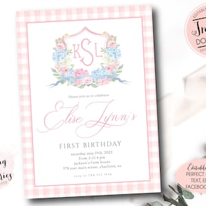 Monogram crest Birthday invitation, Watercolor Pink Crest Invitation with Monogram, Watercolor Crest Birthday, Pink Gingham Birthday Invite