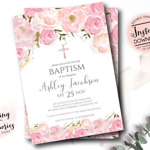 Pink Baptism invitation, First Communion Invite, INSTANT download, Floral Invitation, pink, DIY, Invite, edit yourself, pink baptism p2