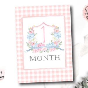 Girl Monthly Milestone Cards, Baby Girl Watercolor Crest Monthly Milestone Cards, Grandmillennial Milestone Cards, Preppy, Instant Download