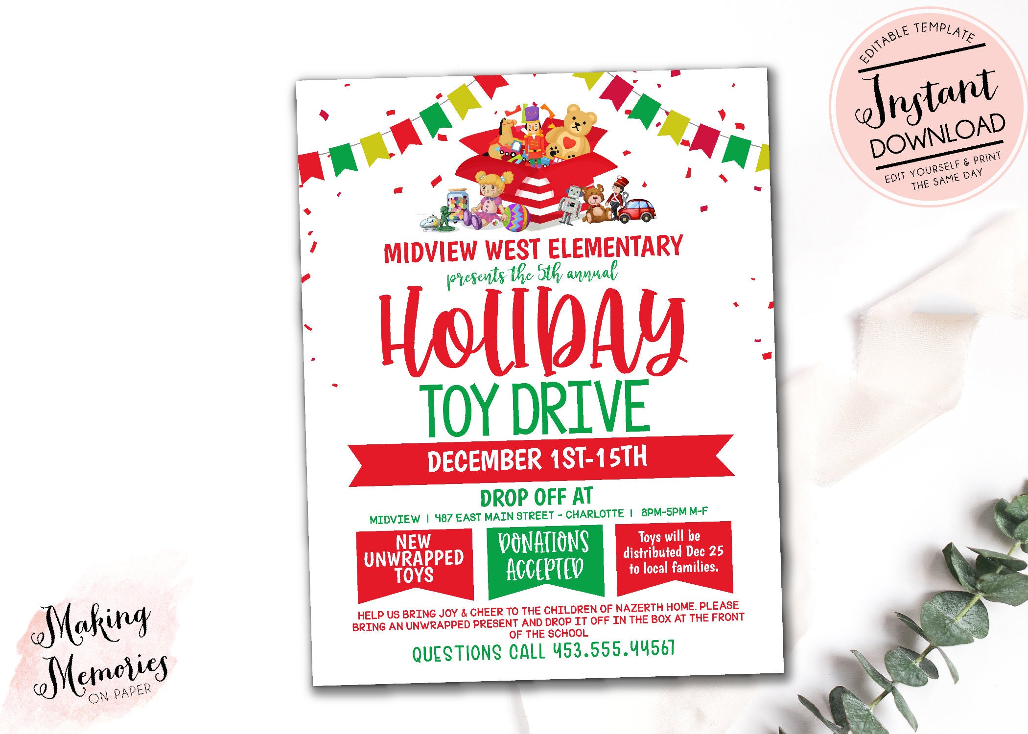 Toy Drive Flyer, Holiday Toy Drive Template, Editable Toy Drive, Holiday Charity Event Flyer, School Toy Drive, Church Christmas Drive