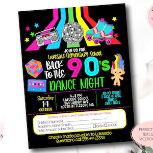 Puede incluir: Una invitación imprimible negra y verde neón para una noche de baile con temática de los 90 en la escuela primaria Lakeside. La invitación presenta una cinta de casete, una radiograbadora, patines, una bola de discoteca y un muñeco troll. El evento está programado para el sábado 14 de octubre de 18:00 a 20:00. La invitación incluye la dirección de la escuela y el costo de la entrada, que es de 10 € por estudiante. El evento incluirá pizza, bebidas y dulces.