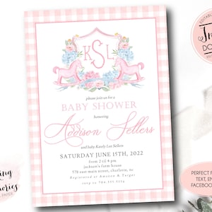 Rocking Horse Baby Shower Invitation, Rocking Horse invitation, Watercolor Baby Shower Invitation, Preppy Crest monogram shower
