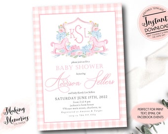 Rocking Horse Baby Shower Invitation, Rocking Horse invitation, Watercolor Baby Shower Invitation, Preppy Crest monogram shower