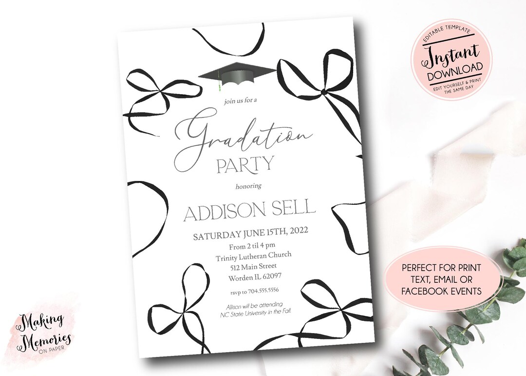 Bow For Graduation Script Editable Bow Graduation Party Invitation, Coquette Graduation ...