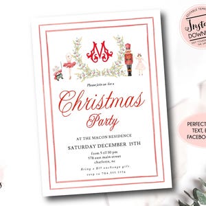 May include: A white Christmas party invitation with a red border and text. The invitation includes the words "Christmas Party" in a decorative font. The top of the invitation features illustrations of a ballerina, a nutcracker, and other festive elements.