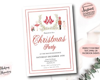 Puede incluir: Una invitación blanca para una fiesta de Navidad con un borde y texto rojos. La invitación incluye las palabras "Christmas Party" en una fuente decorativa. La parte superior de la invitación presenta ilustraciones de una bailarina, un cascanueces y otros elementos festivos.