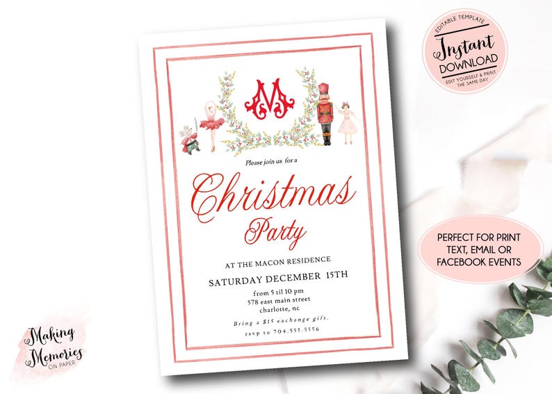 May include: A white Christmas party invitation with a red border and text. The invitation includes the words "Christmas Party" in a decorative font. The top of the invitation features illustrations of a ballerina, a nutcracker, and other festive elements.