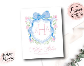 Printable Watercolor Monogram Crest, Hospital Door Sign, Bassinet Sign, Girl Nursery Crest, Monogram Nursery art, Pink Floral Hospital Sign