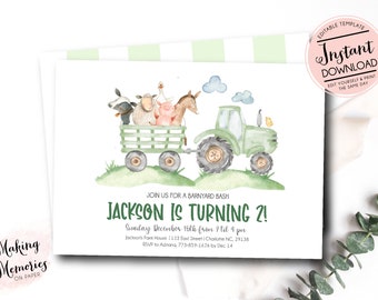 green Tractor Birthday invitation, farm birthday invitation, Printable Invitation, Tractor birthday,Tractor party, Editable instant download