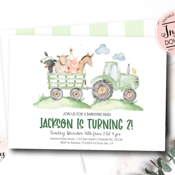 green Tractor Birthday invitation, farm birthday invitation, Printable Invitation, Tractor birthday,Tractor party, Editable instant download