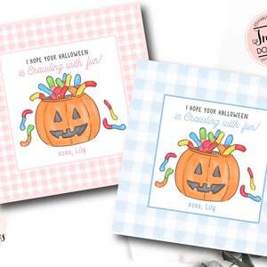Halloween Gummy Worm Tag, Printable Halloween Gift Tag, Gingham Halloween Treat, Halloween Favor Tag Template, Digital Halloween Class Treat
