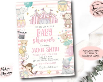 Pink Carnival baby shower Invitation, Girl Circus baby shower Invitation, Edit yourself instant download circus invite, pink and yellow