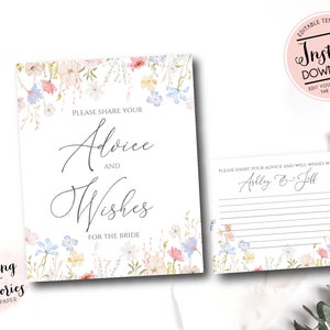 Pu&ograve; includere: Una carta di consigli per il matrimonio stampabile con un design floreale. La carta dice "Si prega di condividere i propri consigli e auguri per la sposa".