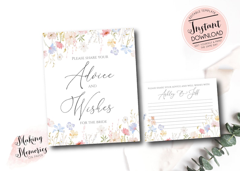 Pu&ograve; includere: Una carta di consigli per il matrimonio stampabile con un design floreale. La carta dice "Si prega di condividere i propri consigli e auguri per la sposa".