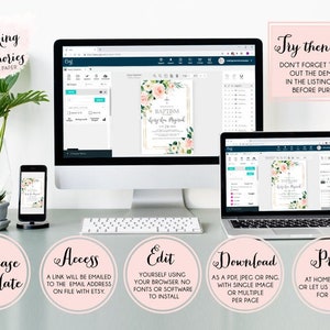 May include: A desktop setup showcasing a baptism invitation template on a computer, laptop, and smartphone. The design features floral accents and gold frames. Text includes "Making Memories on Paper" and instructions for purchase, access, edit, download, and print.